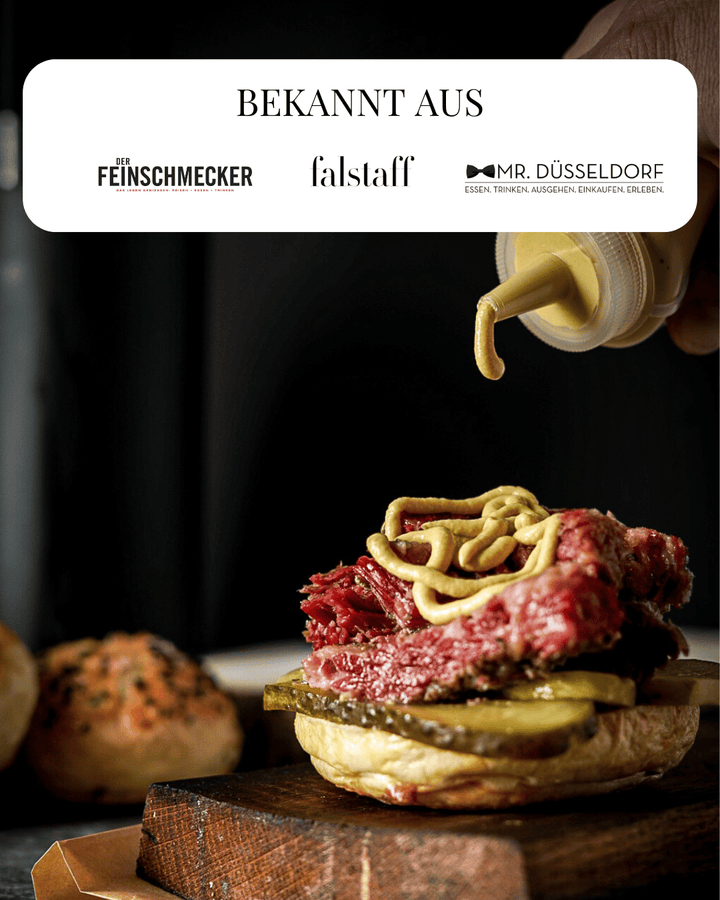 Beste Wagyufleisch Deutschlands, bekannt aus dem Feinschmecker, falstaff, Mr. Düsseldorf, Pastramiburger mit Soße