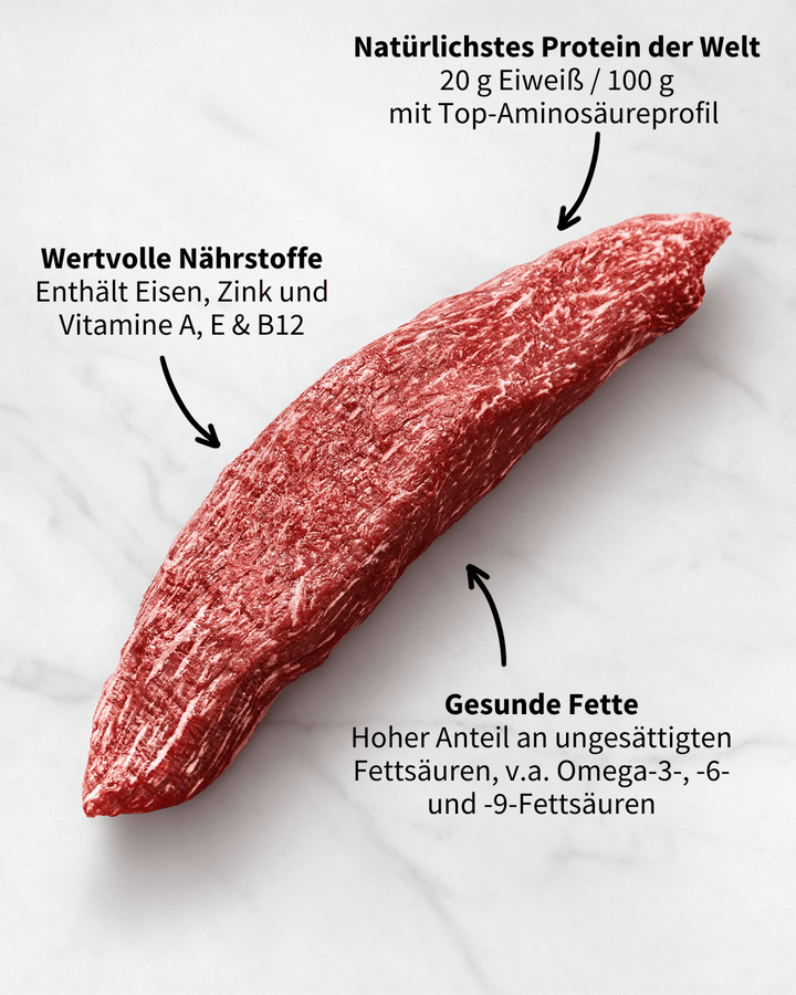 Essenzielle Aminosäuren: Wagyu Beef liefert alle essenziellen Aminosäuren, die der Körper nicht selbst herstellen kann und die für die Zellregeneration und das Immunsystem wichtig sind.